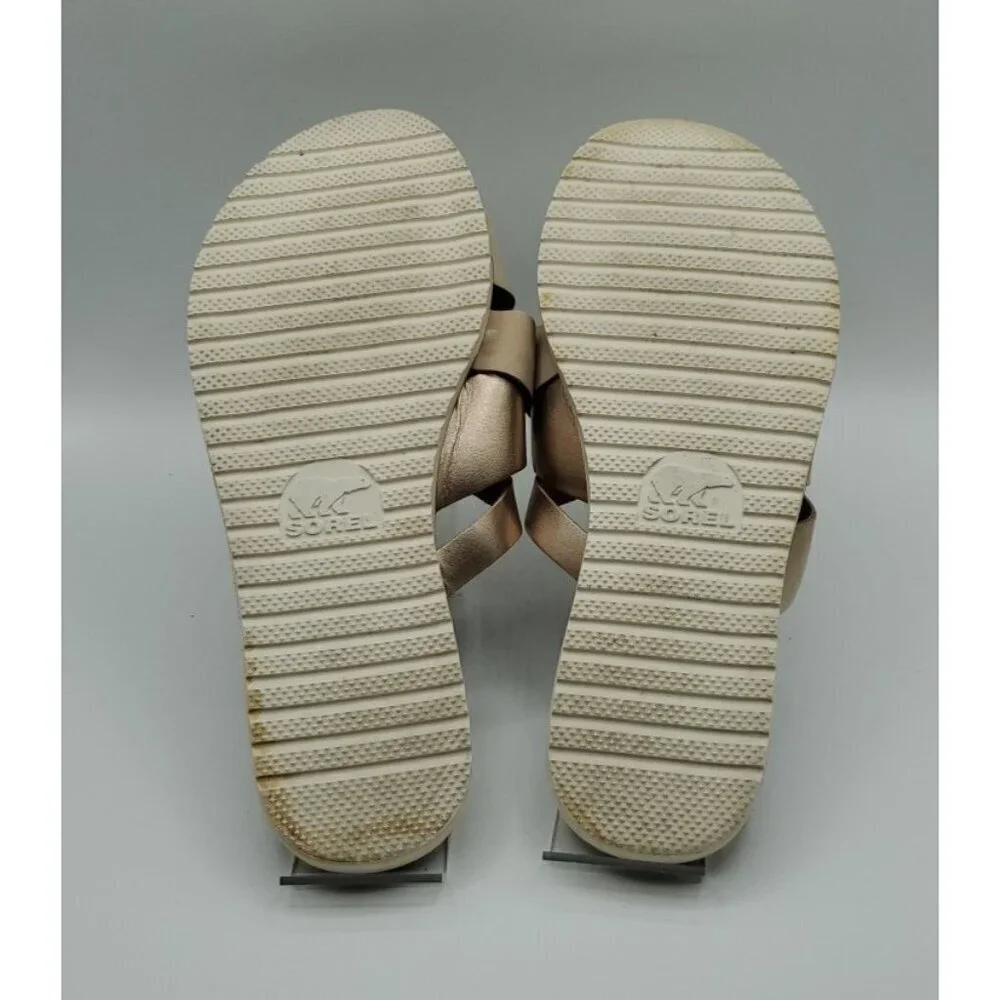 Sorel Ella Women Slide Natural Tan Gold Leather Sz 9 Strappy Criss Cross Straps